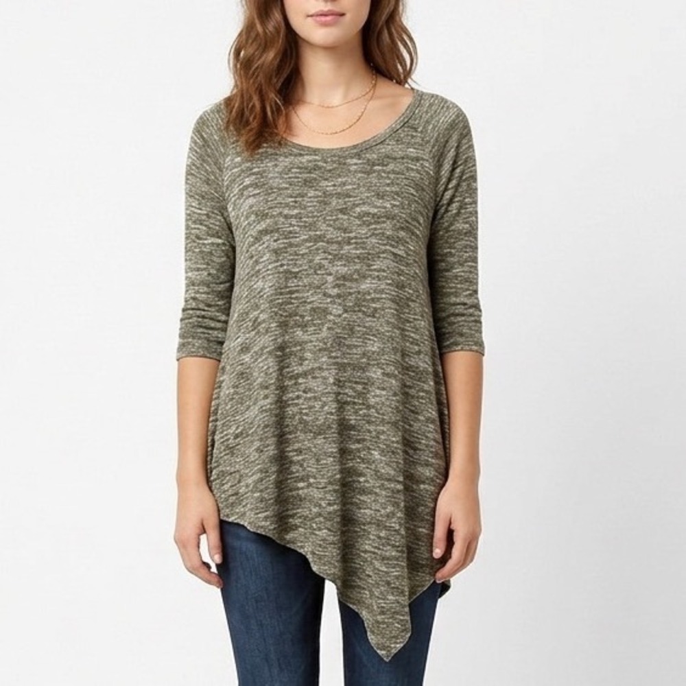 Luxe Sweater Dress Womens Heather Grey Scoop Neck Asymmetrical Hem Raglan Sleeve